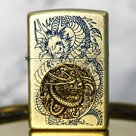지포(Zippo) 지포 라이터 용기와 끈기의 푸른 용 드래곤 코인 브라스