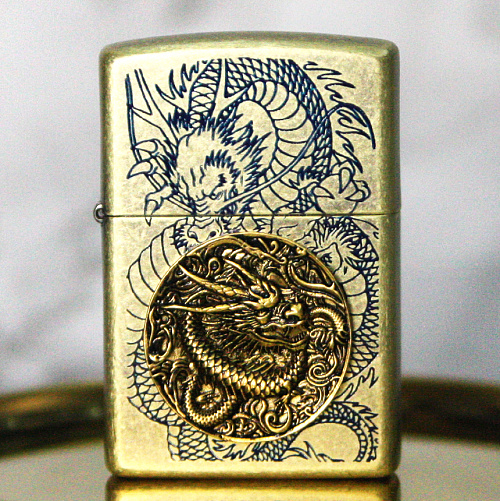 지포(Zippo) 지포 라이터 용기와 끈기의 푸른 용 드래곤 코인 브라스
